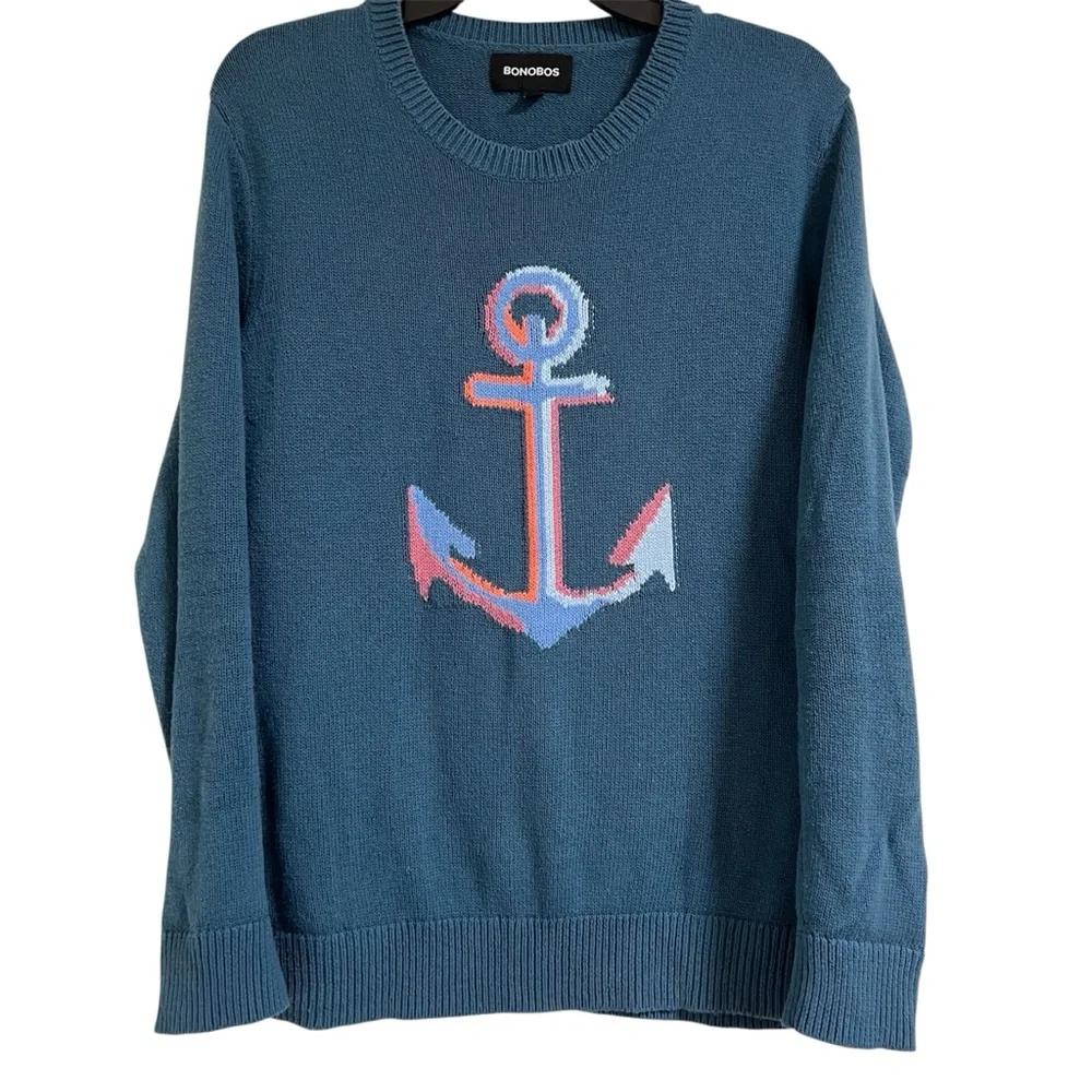 Bonobos Teal Crewneck Sweater with Anchor Design Slim Small
